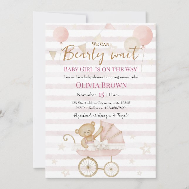We Can Bearly Wait Baby Girl Shower Invitation (Front)