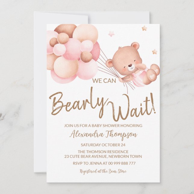 We Can Bearly Wait Baby Shower Baby Girl  Invitation (Front)