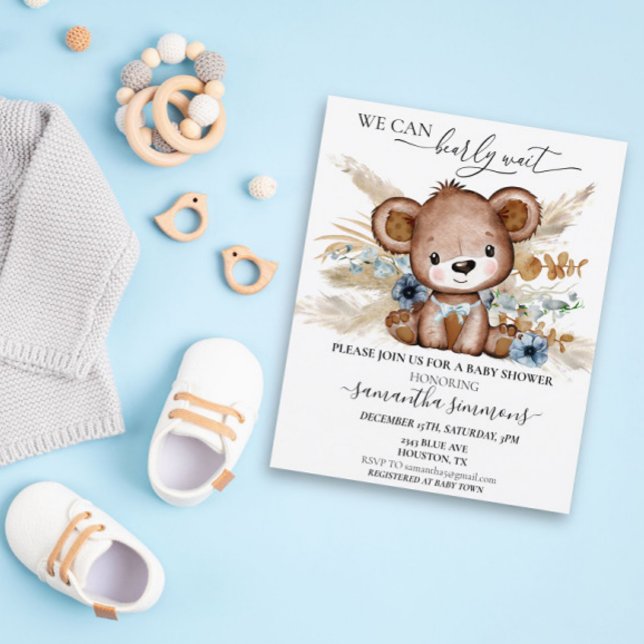 We Can Bearly Wait Baby Shower Bear  Boho Blue  (Creator Uploaded)