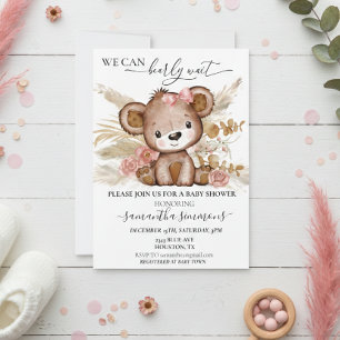 We Can Bearly Wait Baby Shower Bear  Boho PInk Invitation