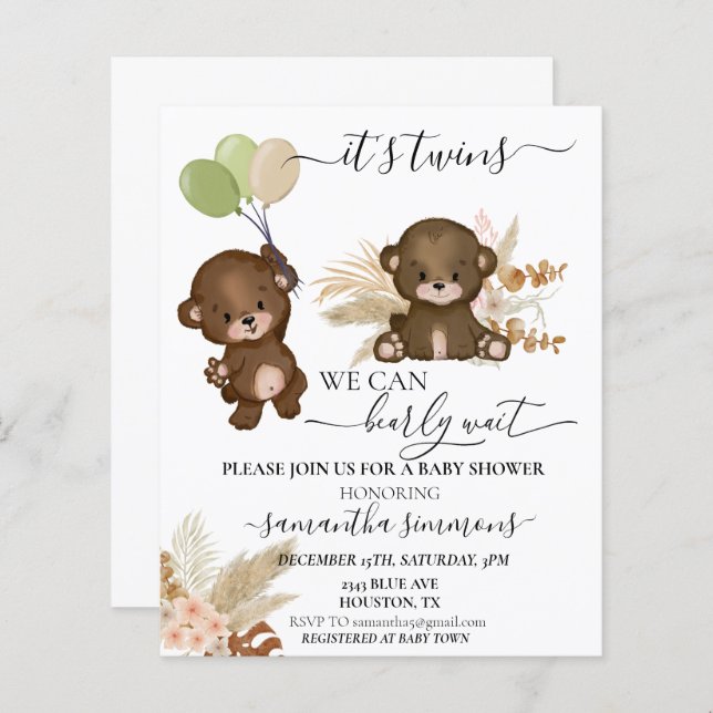 We Can Bearly Wait Baby Shower Bear Twins (Front/Back)