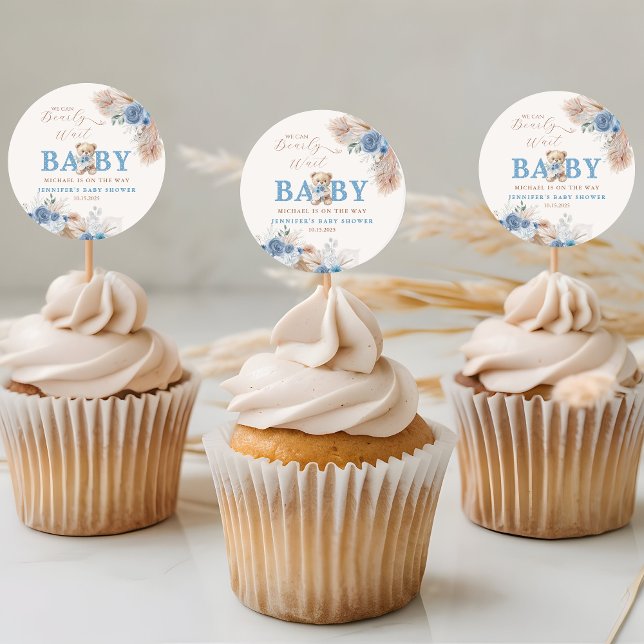We Can Bearly Wait Baby Shower Blue Boho Bear Classic Round Sticker (Creator Uploaded)