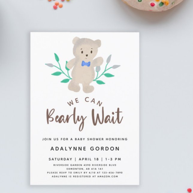 We Can Bearly Wait Baby Shower Cute Bear Invitation (Creator Uploaded)
