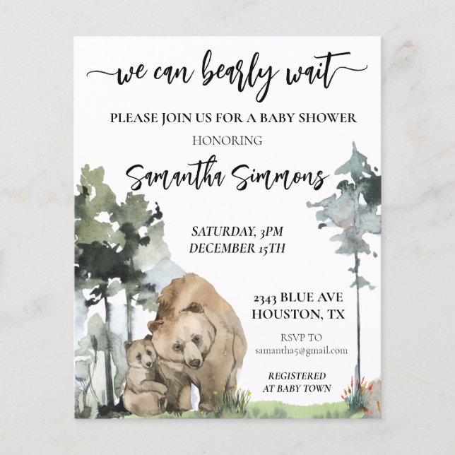 We Can Bearly Wait Baby Shower Forest Watercolor (Front)