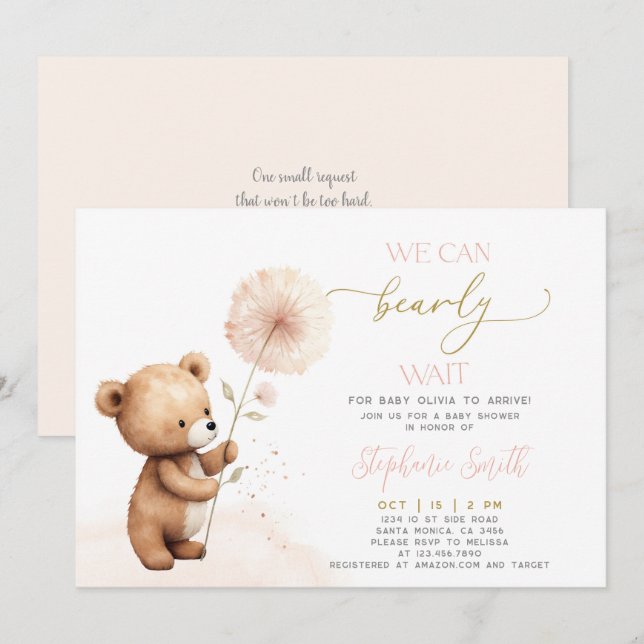 We can bearly wait Baby Shower girl Invitation (Front/Back)
