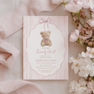 We Can Bearly Wait Baby Shower Girl Pink Stripes Invitation