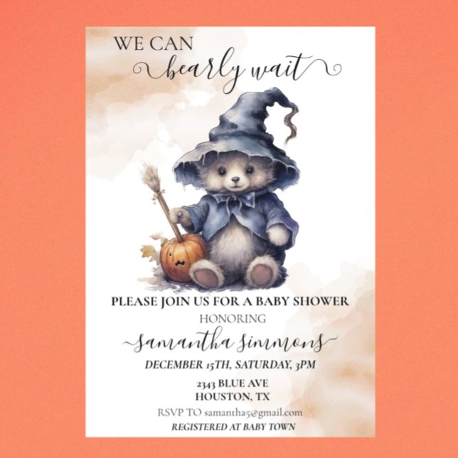 We Can Bearly Wait Baby Shower Halloween Teddy Invitation (Creator Uploaded)