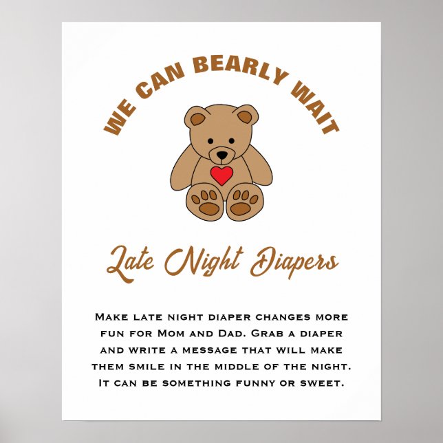 We Can Bearly Wait Baby Shower Late Night Diapers Poster (Front)