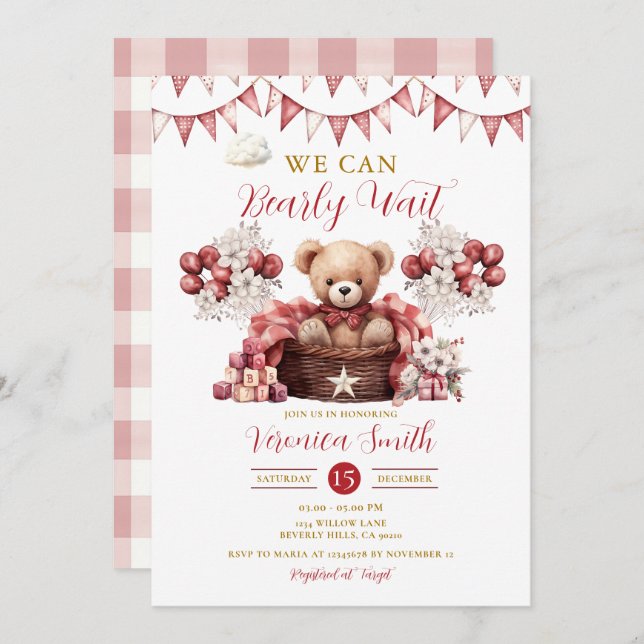 We Can Bearly Wait Baby Shower Red Floral Balloon Invitation (Front/Back)