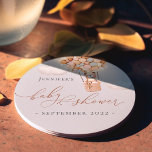 We Can Bearly Wait! Baby Shower Round Paper Coaste Round Paper Coaster<br><div class="desc">We Can Bearly Wait! :) This little bear is waiting for the big gender reveal baby party, sitting in a hot air balloon built out of pink, blue, brown, and cream balloons. Whimsical watercolors and modern typography complement the design. Personalise this cute Bear Baby Shower item with your baby shower...</div>