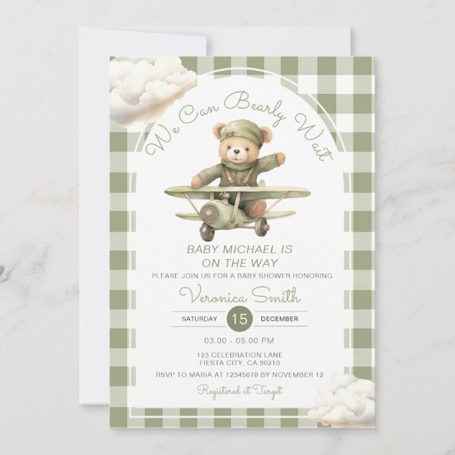 We Can Bearly Wait Baby Shower Sage Green Gingham Invitation (Front)