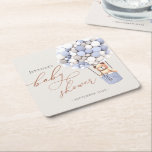 We Can Bearly Wait! Baby Shower Square Paper Coast Coaster<br><div class="desc">We Can Bearly Wait! :) This little bear is waiting for the big baby party, sitting in a hot air balloon built out of blue and cream balloons. Whimsical watercolors and modern typography complement the design. Personalise this cute Bear Baby Shower item with your baby shower details easily and quickly,...</div>