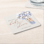 We Can Bearly Wait! Baby Shower Square Paper Coast Coaster<br><div class="desc">We Can Bearly Wait! :) This little bear is waiting for the big baby party, sitting in a hot air balloon built out of blue and cream balloons. Whimsical watercolors and modern typography complement the design. Personalise this cute Bear Baby Shower item with your baby shower details easily and quickly,...</div>