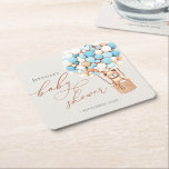 We Can Bearly Wait! Baby Shower Square Paper Coast Square Paper Coaster<br><div class="desc">We Can Bearly Wait! :) This little bear is waiting for the big baby party, sitting in a hot air balloon built out of blue and cream balloons. Whimsical watercolors and modern typography complement the design. Personalise this cute Bear Baby Shower item with your baby shower details easily and quickly,...</div>
