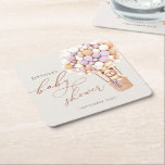 We Can Bearly Wait! Baby Shower Square Paper Coast Square Paper Coaster<br><div class="desc">We Can Bearly Wait! :) This little bear is waiting for the big baby party, sitting in a hot air balloon built out of lavender and cream balloons. Whimsical watercolors and modern typography complement the design. Personalise this cute Bear Baby Shower item with your baby shower details easily and quickly,...</div>