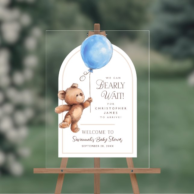 We Can Bearly Wait Baby Shower Welcome Acrylic Sign (Shown on an 18" x 24" acrylic sign)
