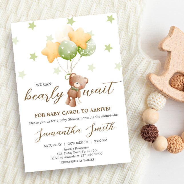 We Can Bearly Wait Balloon Baby Shower Invitation (Bear Balloon Baby Shower Invitation)