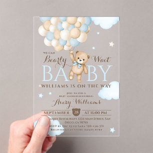 We Can Bearly Wait Balloon Bear Baby Boy Shower  Acrylic Invitations