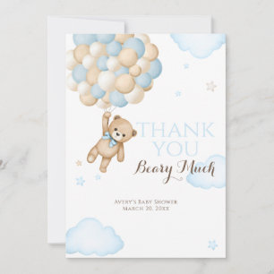 We Can Bearly Wait Balloon Bear Baby Boy Shower Thank You Card