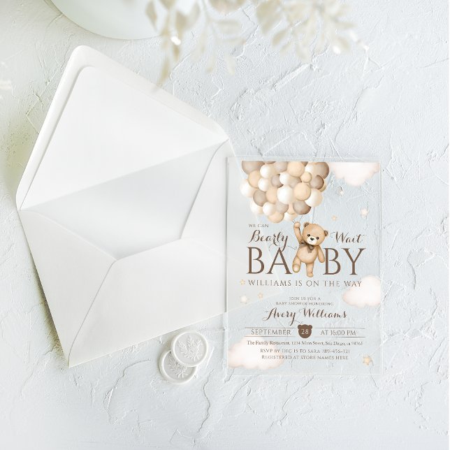 We Can Bearly Wait Balloon Bear Baby Shower  Acrylic Invitations (Creator Uploaded)