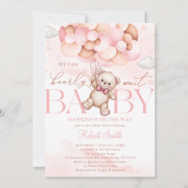 We Can Bearly Wait Balloon Bear Baby Shower Invitation (Front)