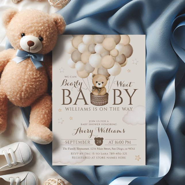 We Can Bearly Wait Balloon Bear Baby Shower  Invitation (Creator Uploaded)