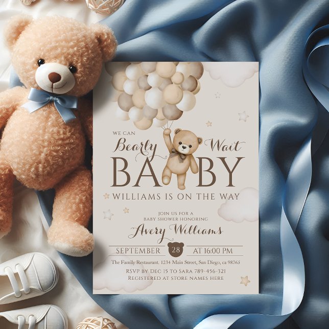 We Can Bearly Wait Balloon Bear Baby Shower  Invitation (Creator Uploaded)