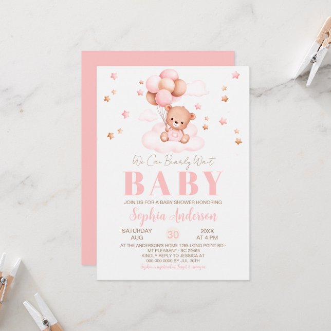 We can Bearly wait Balloons Girl Baby Shower Invitation (Front/Back In Situ)