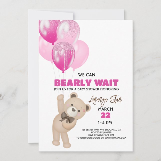 We Can Bearly Wait Balloons Teddy Bear Baby Shower Invitation (Front)