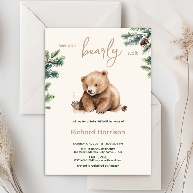 We can bearly wait bear baby shower invitation (Bearly wait cute watercolor forest baby shower invitation )