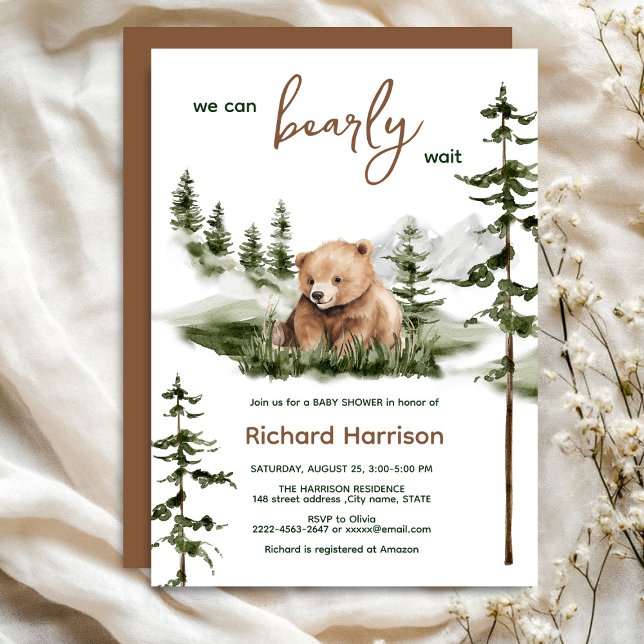 We can bearly wait bear baby shower invitation (Bearly wait cute watercolor forest baby shower invitation )