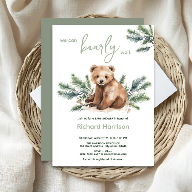 We can bearly wait bear baby shower invitation (Bearly wait cute watercolor forest baby shower invitation )
