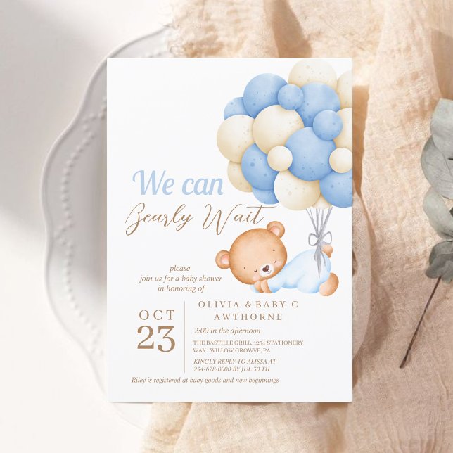 We can Bearly Wait Bear Balloon Baby Boy Shower Invitation (Creator Uploaded)