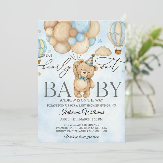 We Can Bearly Wait Bear Balloon Baby Shower Invitation (Standing Front)