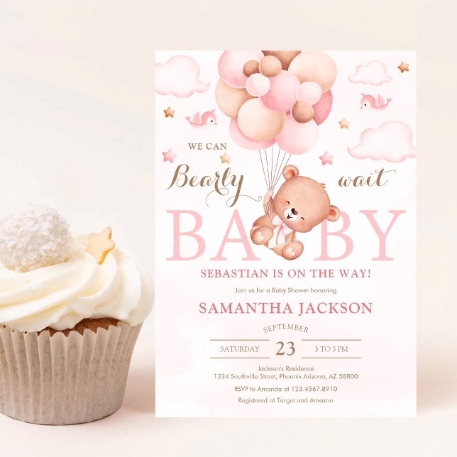 We Can Bearly Wait Bear Balloon Baby Shower Invitation (Creator Uploaded)