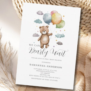 We Can Bearly Wait Bear Balloon Baby Shower Invitation