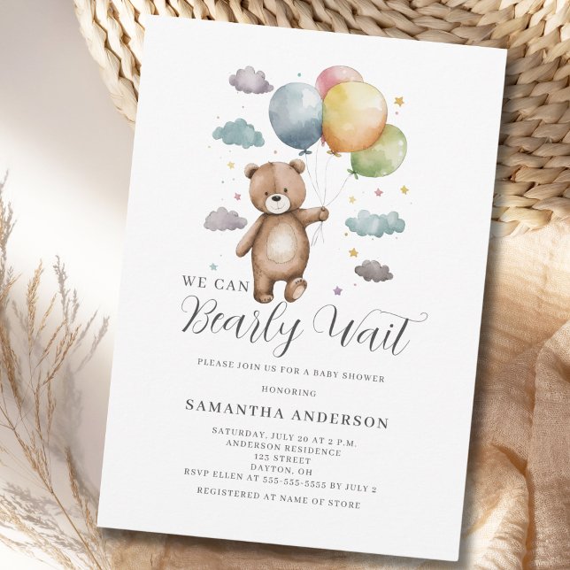 We Can Bearly Wait Bear Balloon Baby Shower Invitation (Creator Uploaded)