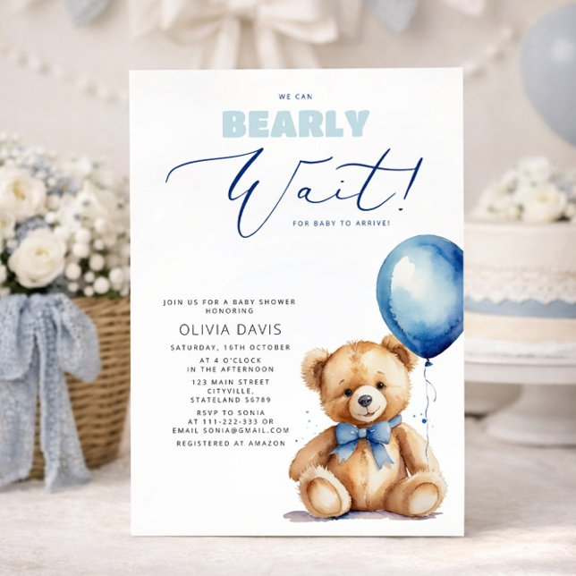 We Can Bearly Wait Bear Balloon Boy Baby Shower Invitation (Creator Uploaded)