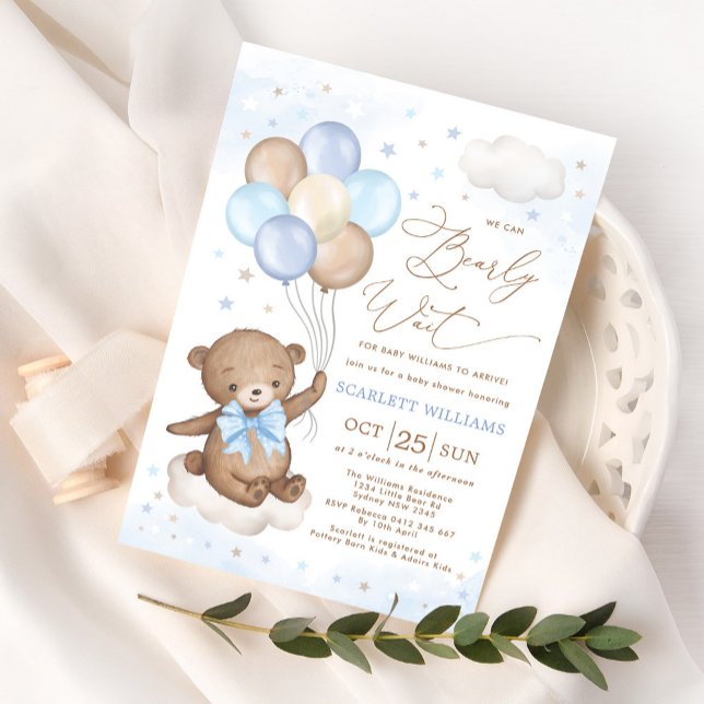 We Can Bearly Wait Bear Balloon Boy Baby Shower  Invitation (Creator Uploaded)