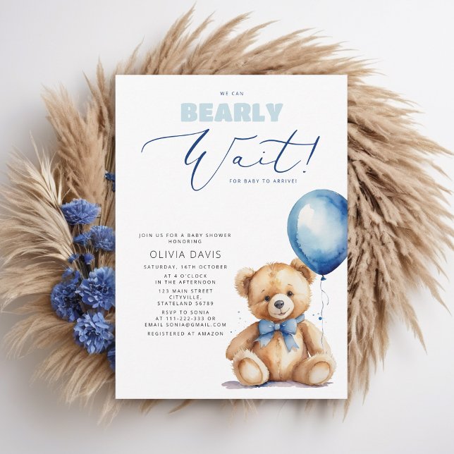 We Can Bearly Wait Bear Balloon Boy Baby Shower Invitation (Creator Uploaded)