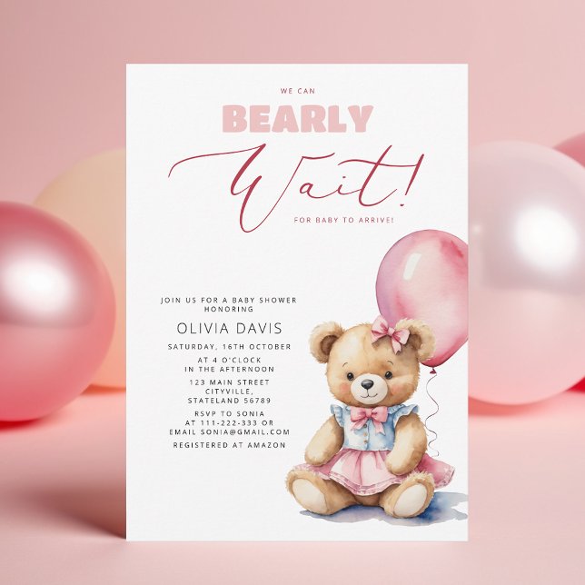 We Can Bearly Wait Bear Balloon Girl Baby Shower Invitation (Creator Uploaded)
