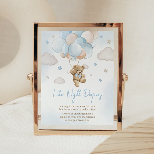 We Can Bearly Wait Bear Balloon Late Night Diapers Poster (Teddy Bear Balloon Baby Shower Late Night Diapers Sign)