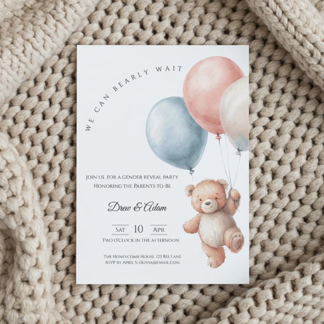 We Can Bearly Wait Bear Balloons Gender Reveal Invitation (Gender reveal invitation with teddy bear and balloons on cozy beige chunky knit blanket)