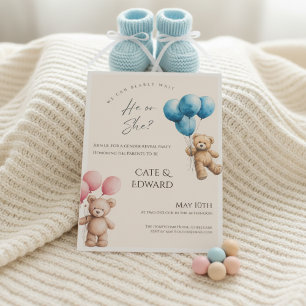 We Can Bearly Wait Bear Balloons Gender Reveal Invitation