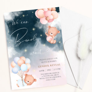 We Can Bearly Wait Bear Balloons Gender Reveal Invitation