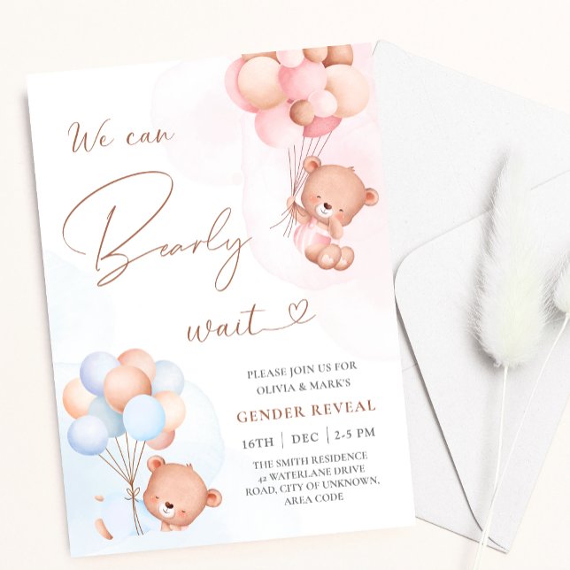 We Can Bearly Wait Bear Balloons Gender Reveal Invitation (Creator Uploaded)