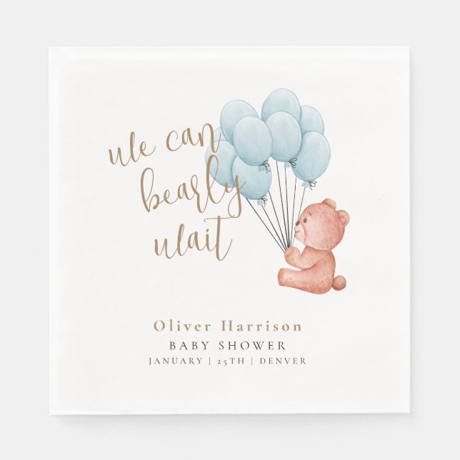 We Can Bearly Wait Bear Blue Balloon Baby Shower Napkin (Front)