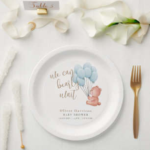 We Can Bearly Wait Bear Blue Balloon Baby Shower Paper Plate