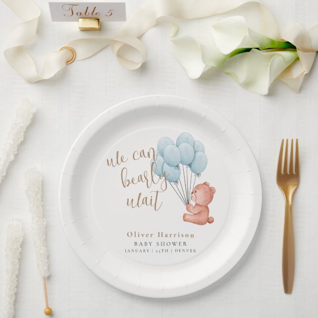 We Can Bearly Wait Bear Blue Balloon Baby Shower Paper Plate (Wedding)