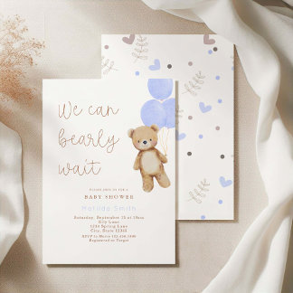 We Can Bearly Wait Bear Blue Balloons Baby Shower Invitation